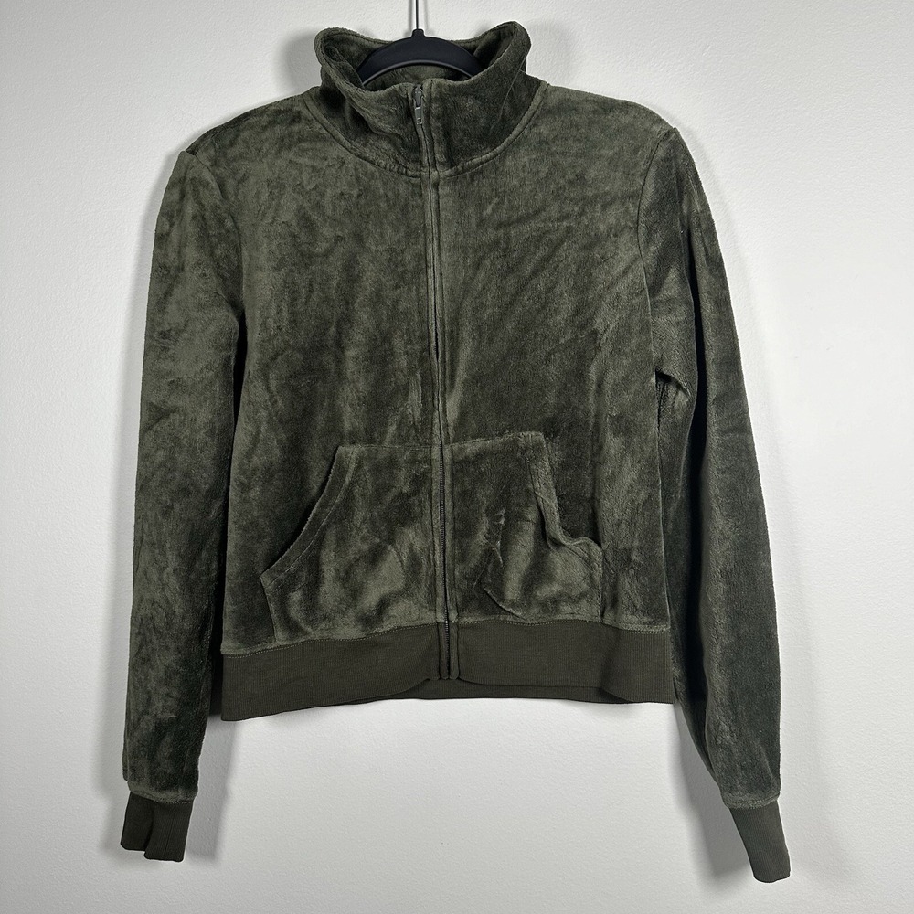 Pam & Gela Small Track Jacket Olive Green Long Sleeve Velour Full Zip Mock Neck